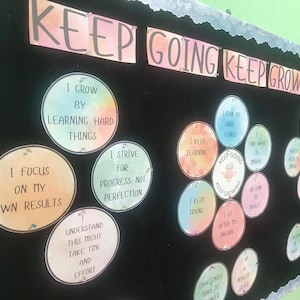 Puede incluir: Un tablón de anuncios negro con el texto KEEP GOING KEEP GROWING en letras rosas y naranjas. Muestra múltiples recortes circulares de estilo acuarela con frases motivadoras como I GROW BY LEARNING HARD THINGS y I FOCUS ON MY OWN RESULTS.