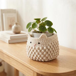 May include: A cream-colored crocheted plant pot cover featuring a textured bobble stitch pattern, two small pointed ears, and a simple embroidered face with two black eyes and a small pink nose, holding a green Pilea peperomioides plant.