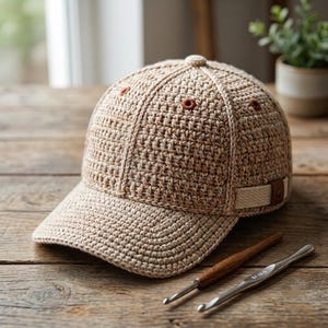 May include: A beige crochet baseball cap featuring a structured six-panel design with small brown embroidered eyelets, a curved brim, and a side adjustment strap with a brown leather-like accent, accompanied by two crochet hooks on the surface.