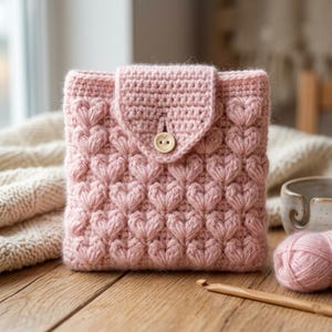May include: A handmade, pink crochet case with a heart pattern. The case has a flap closure secured by a wooden button. A ball of pink yarn and a crochet hook are next to the case on a wooden surface. The case is designed to hold a tablet or e-reader.