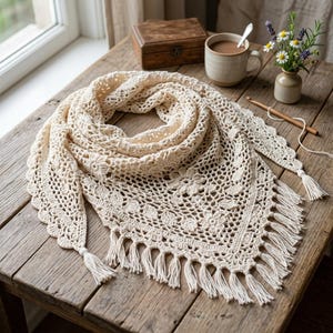 May include: A cream-colored triangular crochet shawl featuring an intricate openwork pattern of floral and leaf motifs, finished with a scalloped edge and long fringe tassels at the corners. The textile is crafted from fine yarn with a delicate texture.