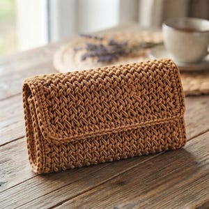 Könnte beinhalten: Eine rechteckige Clutch aus braunem Garn mit einem dichten, strukturierten Häkelmuster. Die Tasche verfügt über ein Umschlagklappen-Design, das die Vorderseite bedeckt und ein durchgehendes, gewebtes Erscheinungsbild auf der Außenseite zeigt.