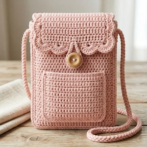 May include: A light pink crochet crossbody bag featuring a scalloped flap edge, a single wooden button closure, and a front pocket. The bag is constructed with a dense stitch pattern and includes a matching braided crochet shoulder strap.