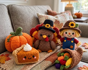 Thanksgiving Crochet Pattern Bundle, Turkey Pumpkin Scarecrow Cornucopia PDF Pattern