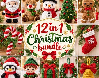 12 in 1 Christmas Crochet Patterns Bundle, Santa Claus Amigurumi PDF, Reindeer, Snowman, Christmas Tree, Gingerbread Man, Holiday Ornaments