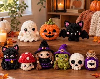 Crochet Halloween Plushie Set, Handmade Amigurumi Ghost Pumpkin Bat Cat Witch Skull Halloween Decor