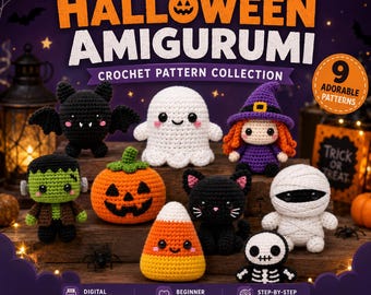Halloween Amigurumi Crochet Pattern Bundle, 9 Spooky Characters (Digital Download)