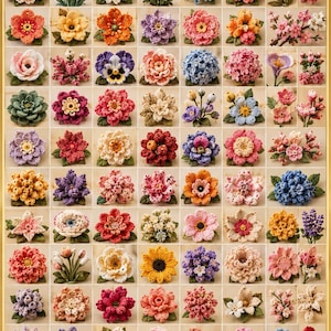 May include: A grid of numerous crocheted flowers and floral arrangements in various colors including pink, yellow, red, blue, and purple. Each individual item features intricate yarn stitching, layered petals, and small green crocheted leaves.