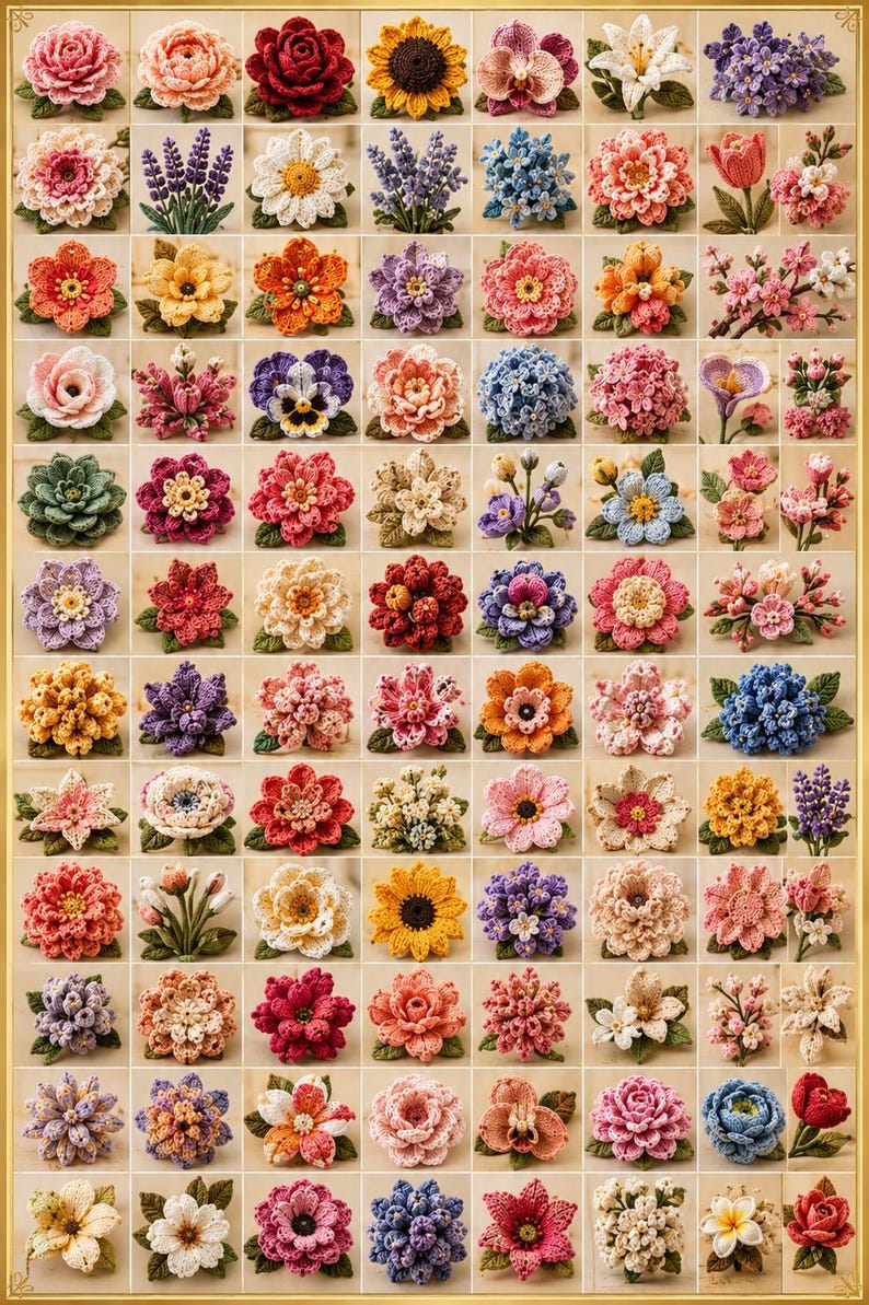 May include: A grid of numerous crocheted flowers and floral arrangements in various colors including pink, yellow, red, blue, and purple. Each individual item features intricate yarn stitching, layered petals, and small green crocheted leaves.