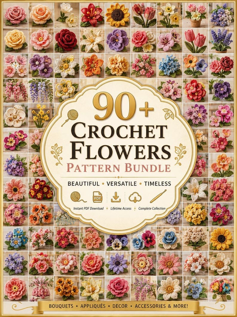Crochet Flowers Pattern Bundle | 90+ Flower Bouquet Patterns PDF | Rose Tulip Daisy Sunflower Crochet image 1
