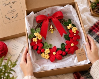 Crochet Poinsettia Wreath Pattern, Floral Door Decor, Red Bow Bell (PDF)