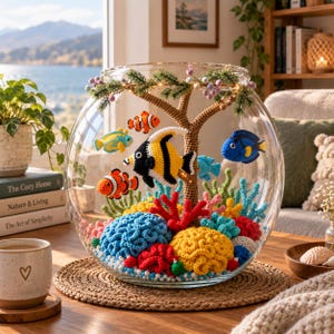 May include: A large glass bowl containing a crocheted underwater scene with a central brown tree, colorful coral structures in blue, yellow, and red, and several crocheted fish including orange clownfish, a blue tang, and a black and white angelfish.