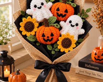 Crochet Halloween Bouquet | Spooky Amigurumi Ghost & Pumpkin Floral Arrangement | Handmade Gothic Fall Decor Gift