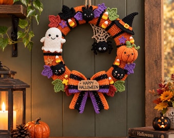 Crochet Halloween Wreath, Spooky Front Door Decor, Handmade Amigurumi Pumpkin Ghost Bat Wreath, Fall Seasonal Home Decor, Halloween Gift