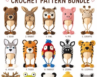 15-in-1 Crochet Animal Hat Patterns Bundle (PDF Download)