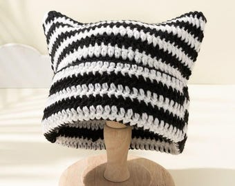 Crochet Cat Ear Hat Pattern, Striped Beanie Tutorial (PDF Download)