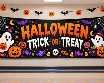 Halloween Trick or Treat Banner, School Hallway Halloween Decoration, Spooky Classroom Banner, Ghost Pumpkin Candy Party Decor