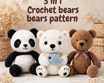 3-in-1 Crochet Bear Pattern Bundle – Amigurumi Panda, Polar Bear, Grizzly (PDF Download)