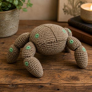 May include: A brown crocheted spider-shaped plush toy with a rounded body and multiple segmented legs. The surface of the brown yarn is decorated with small, circular, light green embroidered accents placed on the body and along the legs.
