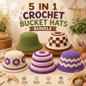 May include: A bundle of five crochet bucket hats featuring diverse patterns including a solid olive green, a brown and white checkerboard, a cream base with purple flowers, a striped purple and pink, and a purple and cream wavy design.
