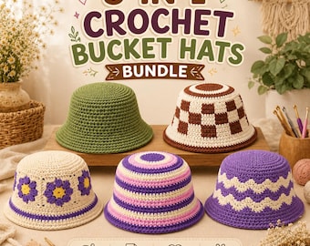 5-in-1 Crochet Bucket Hat Patterns Bundle | Granny Square, Striped, Checkerboard (PDF Download)