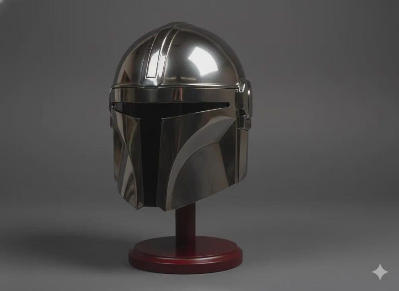 May include: A polished silver-coloured helmet with a smooth, reflective surface and a T-shaped visor opening. The helmet features a central ridge running from the crown to the brow and is mounted on a dark red circular pedestal stand.