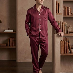 Silk Satin Pajama Set, Long Button-Down Sleepwear for Women & Men, Maroon