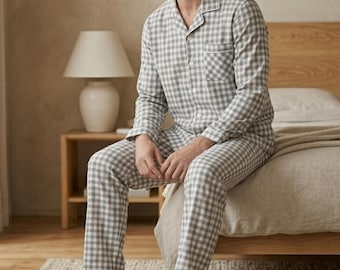 Pajama Set for Men, Gray Plaid Cotton Long Sleeve and Trousers