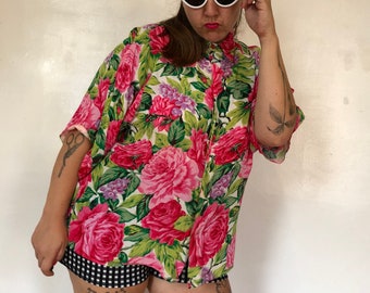 80/'s Women/'s Hawaiian Shirt Short Sleeve Blue Black Gold Turquoise Cool Print Button Down 100/% Rayon Tiny Collar Vintage by CALICHE Size S