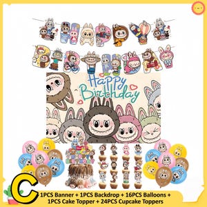 Op de afbeelding: Een feestdecoratieset met een Happy Birthday-banner met cartoonkonijnen, een achtergrond met geïllustreerde monsters, 16 kleurrijke ballonnen, één grote taarttopper en 24 cupcaketoppers, allemaal versierd met diverse fantasierijke wezens.