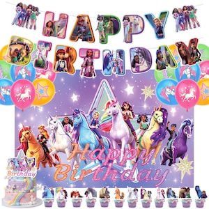May include: A birthday party decoration set featuring a banner with the text Happy Birthday, a large backdrop with cartoon characters and horses, balloons in pink, blue, and yellow, a tiered cake topper, and multiple small cupcake toppers.