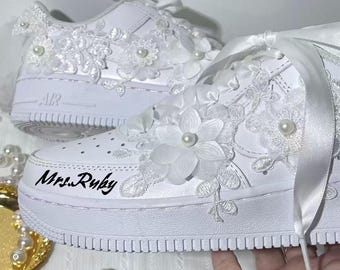 Handmade Embroidered Floral Bridal Sneakers, Veil Train Inspired Wedding Shoes, Custom Name Date Reception Trainers, Pearl Lace Bride Gift