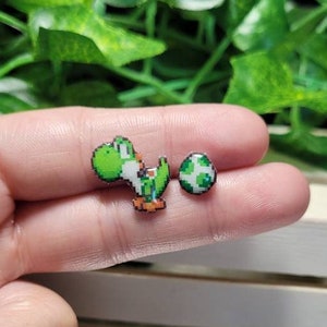 Video game dino and egg retro pixel art stud earrings