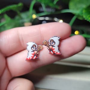 Pixel White mage stud earrings Final Fantasy jewelry// Stainless steel, resin, plastic.