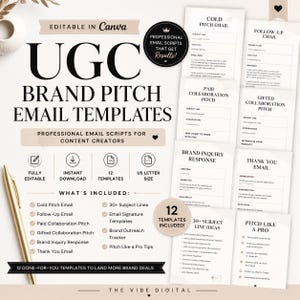 Può includere: Un set di 12 modelli di email modificabili per proposte di brand UGC per creatori di contenuti, con una penna dorata e documenti con titoli come Cold Pitch Email, Follow-Up Email, Paid Collaboration Pitch, Gifted Collaboration Pitch e Brand Inquiry Response.