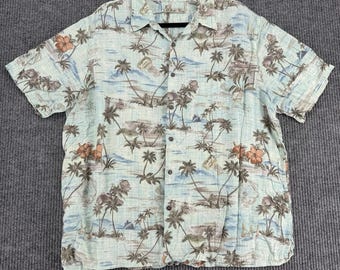 Camisa hawaiana vintage Batik Bay XXL de rayón con etiqueta de identificación y palmeras azules.