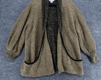 Kardigan w stylu vintage z grubej, brązowej dzianiny 2XL z odkrytym przodem, teksturowany, przytulny, boho, w stylu dziadka