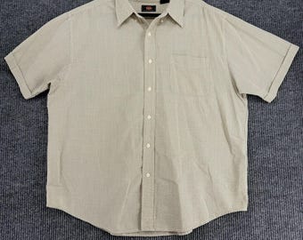 Vintage mens Route 66 gingham seersucker button up shirt 2X olive beige beachy