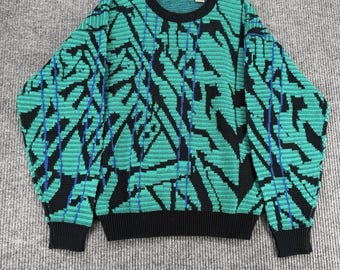 Suéter de punto abstracto estilo Coogi vintage de los 90, color verde azulado y negro, grueso, talla grande.