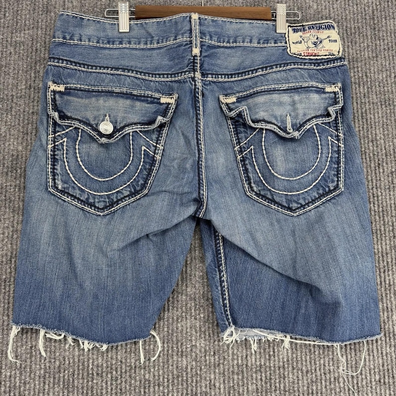 True Religion Heren 42 Cut Off Short Baggy Y2K Distressed Denim Flap afbeelding 1