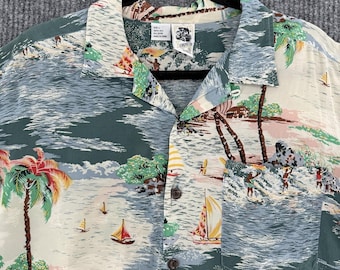 Kennington Hawaiian Shirt Silk Beach Scene Surf Sail Vintage L Mens