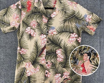Vintage Hawaiiaans shirt heren M Scenic Island Girl Bird Rayon Aloha Y2K