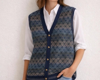 Gilet vintage in misto lana, taglia XL, blu Fair Isle, stile nonno, dark academia