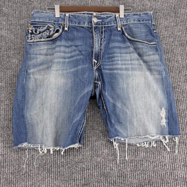 True Religion Heren 42 Cut Off Short Baggy Y2K Distressed Denim Flap afbeelding 3