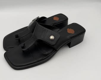 Vintage Y2K Harley-Davidson women's leather block heel thong sandals black 8.5
