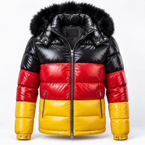Può includere: Un piumino lucido caratterizzato da pannelli orizzontali colorati in nero, rosso e giallo. La giacca presenta una chiusura frontale con zip, maniche lunghe con polsini a pressione e un cappuccio rifinito con folta pelliccia sintetica nera.