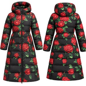 May include: A long, black, quilted puffer coat featuring a vibrant red rose floral print. The coat includes a hood, long sleeves, and a full-length front zipper closure. The design is shown from both the front and back views, displaying the pattern.