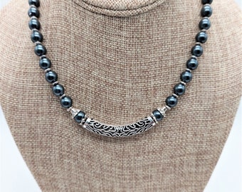 Black pearl with silver scroll focal; Black necklace; Winged Penny Designs; Pearl Necklace