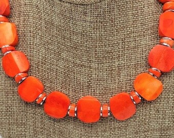 Bold Orange Carved Bone Necklace: Winged Penny Designs; Gift for her him they