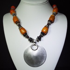 Long Orange Necklace, Wood Necklace, Wood Bead Necklace, Silver Pendant Necklace, Bold Necklace, Orange Wood Bead Necklace